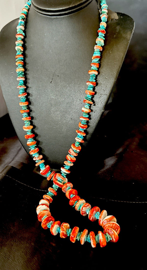 XL Red Spiny Oyster Blue Turquoise Navajo Necklace 35" | Sterling Silver | Authentic Native American Handmade | 18266