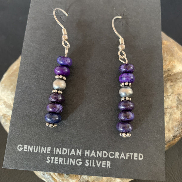 Purple Stone Navajo Dangle Bead Earrings 1" | Sterling Silver | Authentic Native American Handmade | 15353