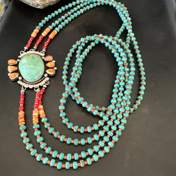XL Statement Green Turquoise Spiny Navajo 3S Necklace 34" | Sterling Silver | Authentic Native American Handmade | 19675