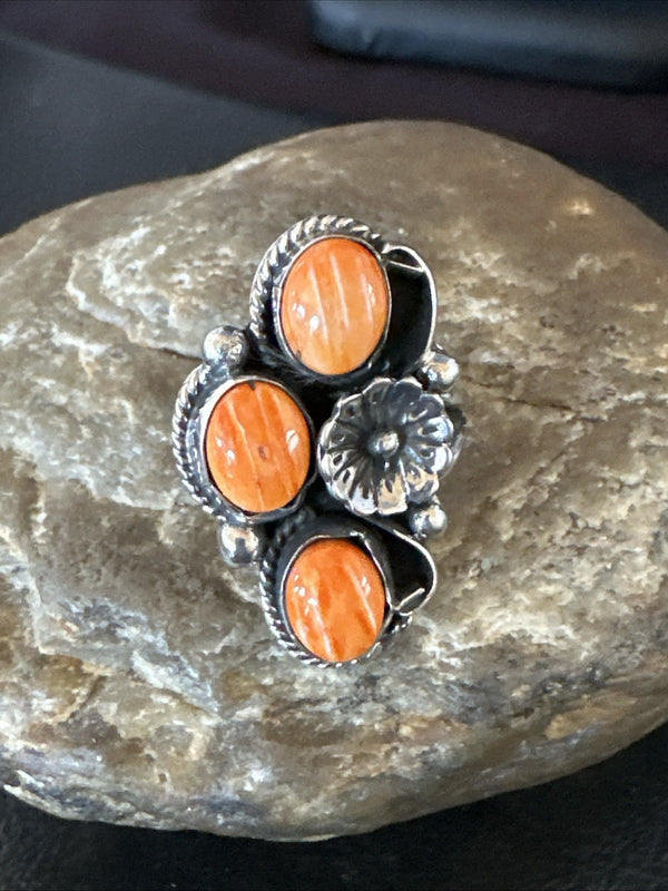 Orange Spiny Oyster Cluster Navajo Ring Size 9.5 | Sterling Silver | Authentic Native American Handmade | 19184