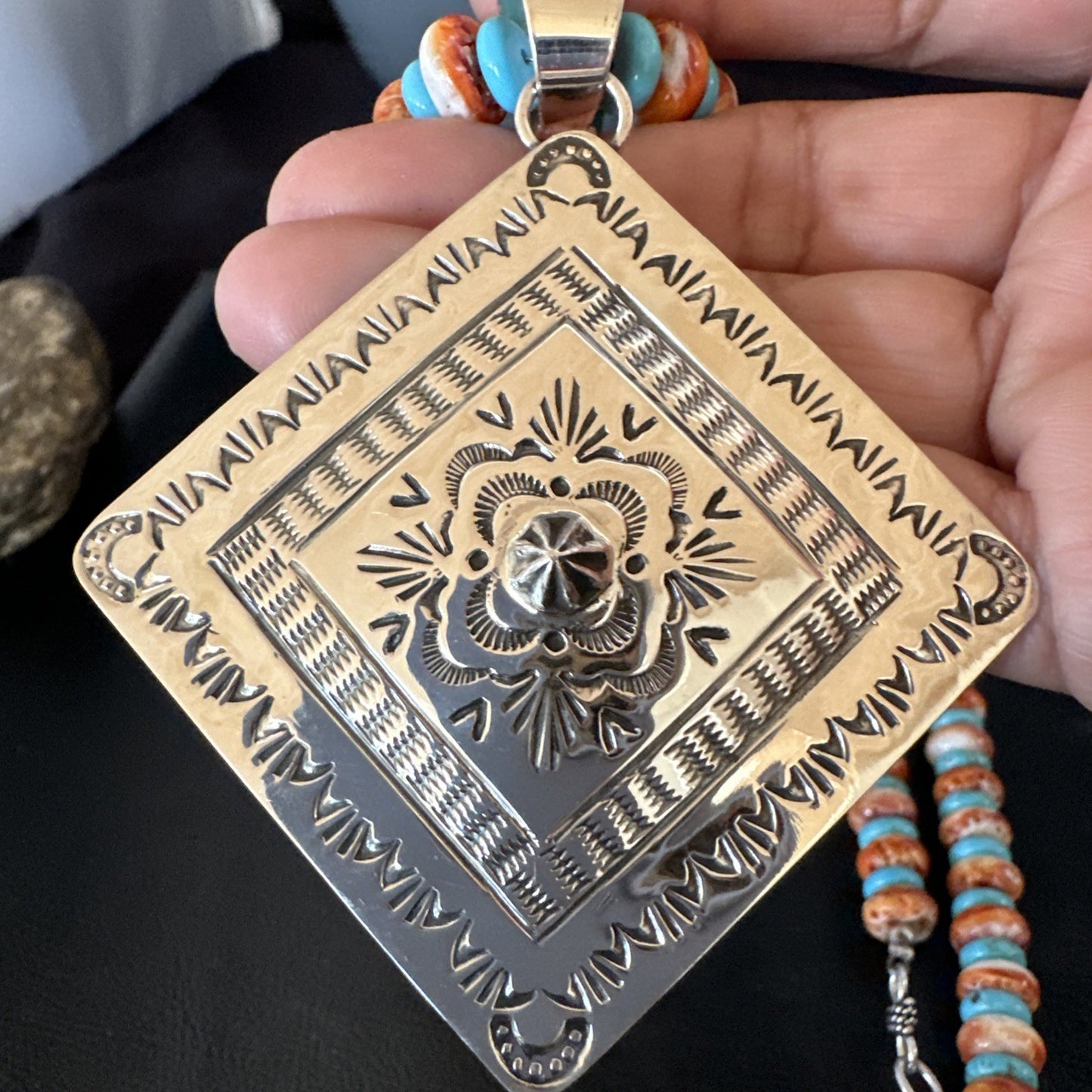 Orange Spiny Oyster Turquoise Navajo Pendant Sterling Silver Necklace 21” 19044