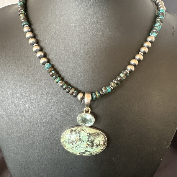 Men's Blue Spiderweb Turquoise Pendant Navajo Necklace | Sterling Silver | Authentic Native American Handmade | 18067