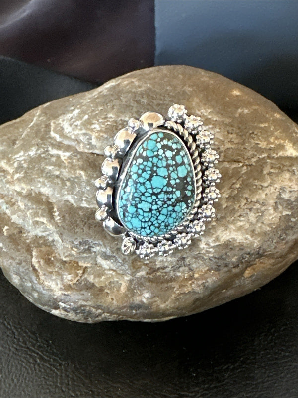 Navajo Spiderweb Turquoise Ring Sz 8 | Sterling Silver | Authentic Native American Handmade | 19617