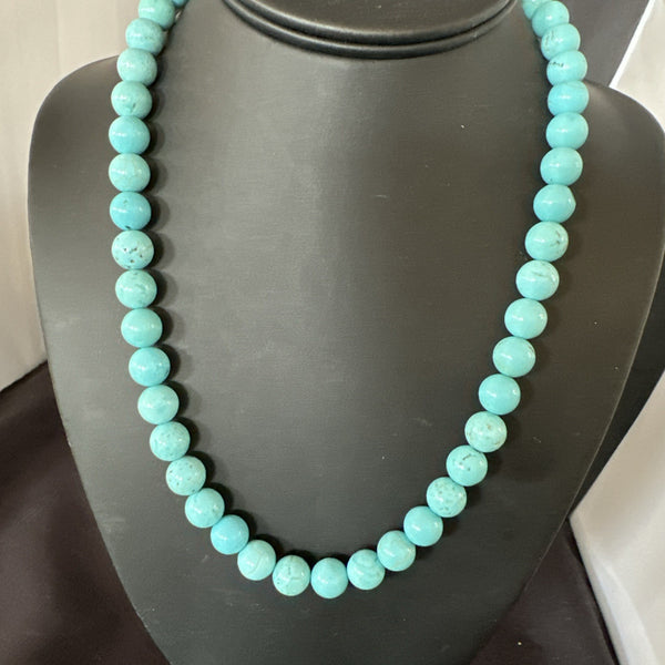 Blue Turquoise 10mm Round Bead Southwestern Necklace 18" | Sterling Silver | Authentic Native American Handmade | 19402