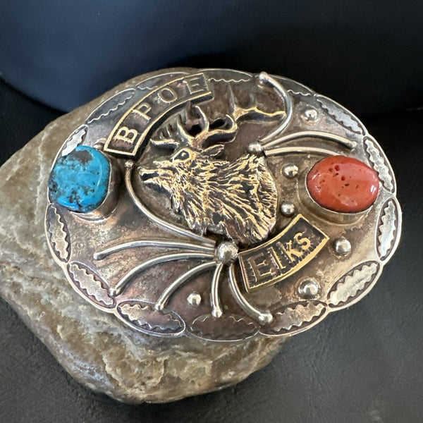 Elk Blue Turquoise Coral Navajo Sterling Silver Concho Belt Buckle 17972