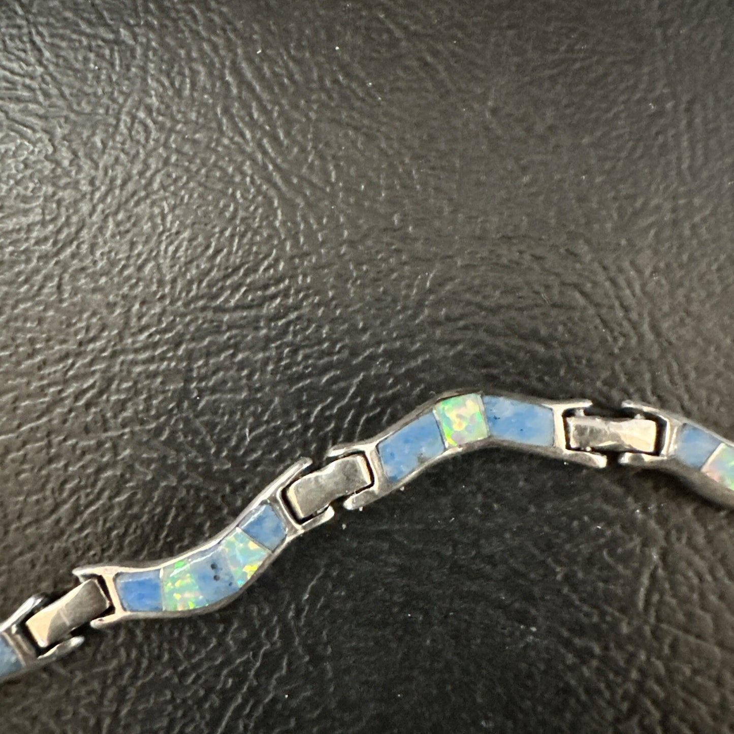 Native Womens Blue Opal Lapis Inlay Link Bracelet 7" Sterling Silver 17726