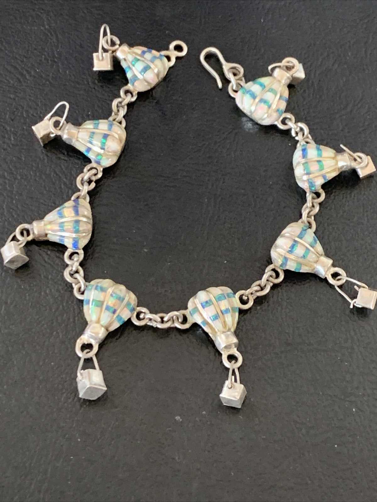 White Blue Opal Balloon Navajo Sterling Silver Link Inlay Bracelet 7.5" 12922