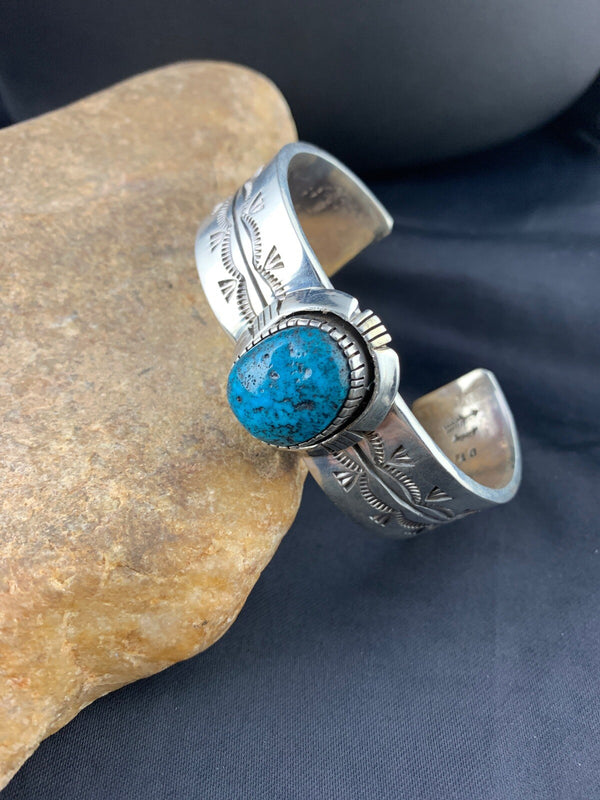 Men's Blue Turquoise Navajo Bracelet | Sterling Silver | Authentic Native American Handmade | 03284