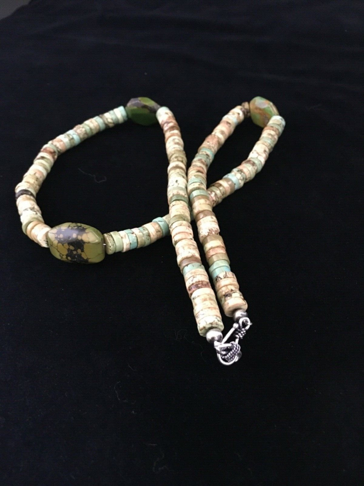 Mens Chunky Green Turquoise Navajo Sterling Silver Heishi Necklace 1797