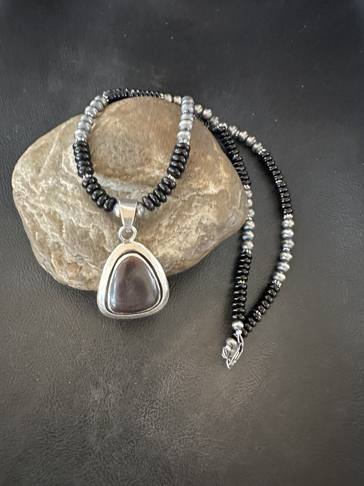 Mens Womens Black Stone Pendant Onyx Sterling Silver Beads Necklace 18334