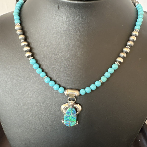Blue Opal Pendant Turquoise Navajo Necklace 23" | Sterling Silver | Authentic Native American Handmade | 18736
