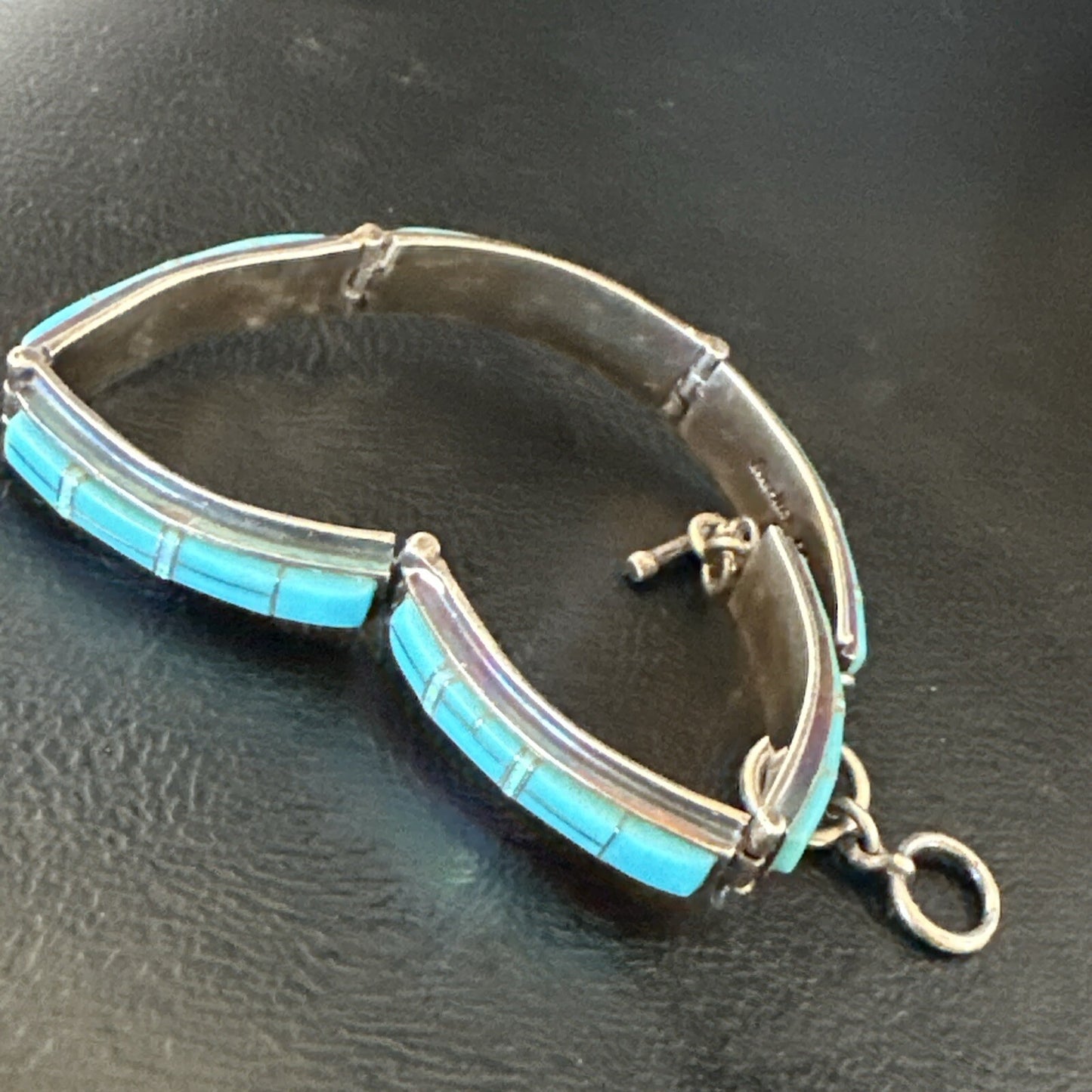 Opal Blue Turquoise Navajo Old Pawn Sterling Silver Inlay Bracelet 7.5" 18126