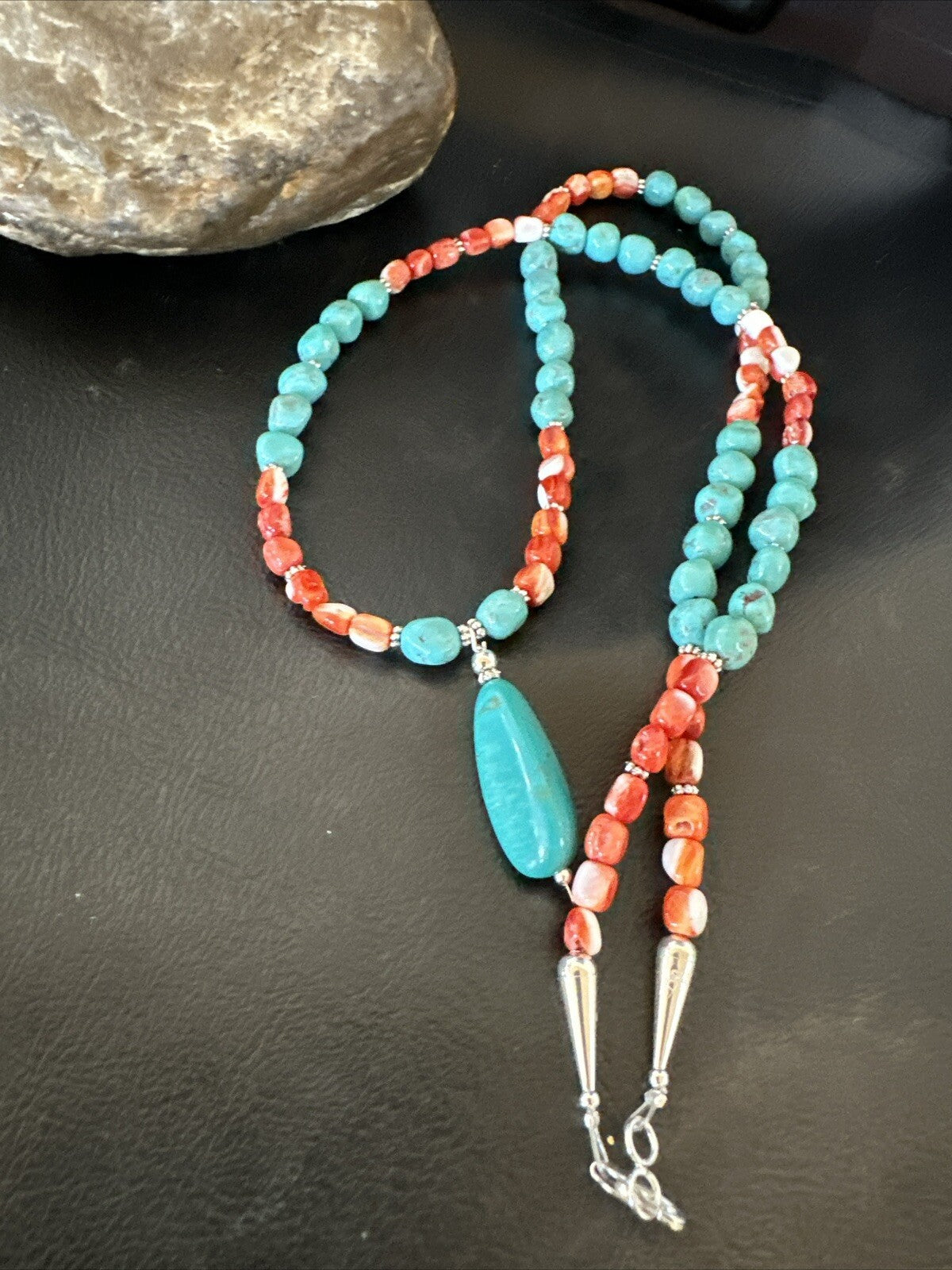 Red Spiny Oyster Blue Turquoise Navajo Sterling Silver Necklace 17954