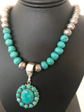 Navajo Pearls Kingman Beads Turquoise Necklace Pendant | Sterling Silver | Authentic Native American Handmade | 01223