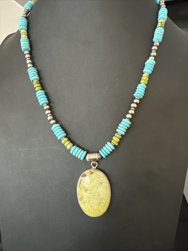 Green Gaspeite Pendant Blue Turquoise Navajo Necklace 20" | Sterling Silver | Authentic Native American Handmade | 19666