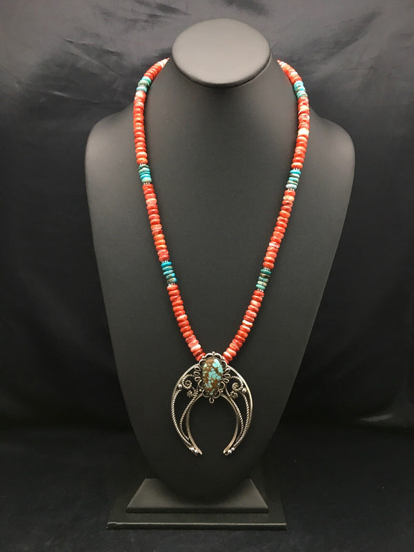 Turquoise #8 Pendant Spiny Oyster Navajo Necklace 24" | Sterling Silver | Authentic Native American Handmade | 04062