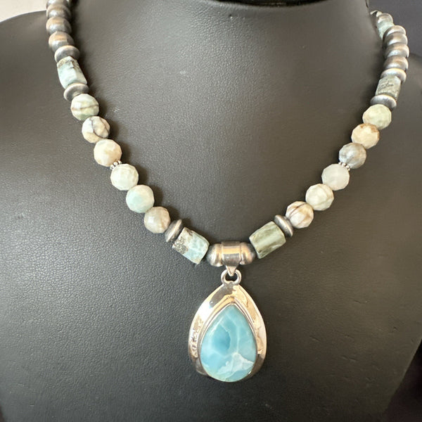 Blue Larimar Pendant Navajo Natural Necklace 21" | Sterling Silver | Authentic Native American Handmade | 17760