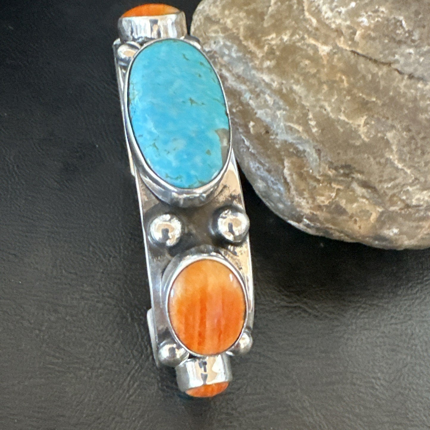 Orange Spiny Turquoise 5 Stone Sterling Silver Navajo Cuff Bracelet 7.7" 19479
