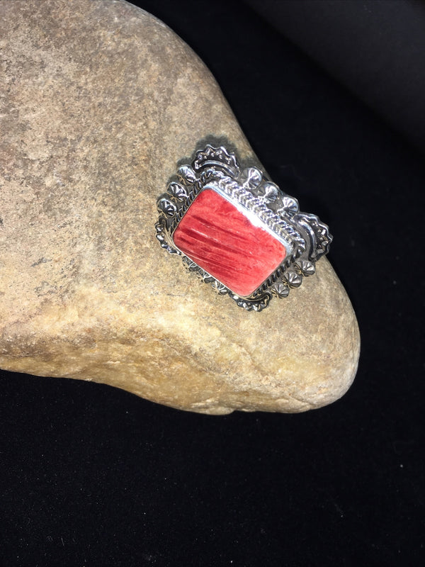 Navajo Red Spiny Oyster Ring Size 8.5 | Sterling Silver | Authentic Native American Handmade | 01811