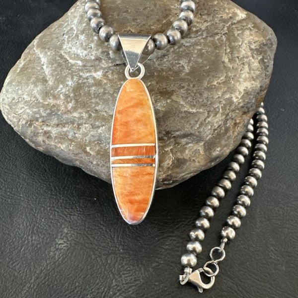 Navajo Orange Spiny Oyster Necklace Inlay Pendant | Sterling Silver | Authentic Native American Handmade | 17811