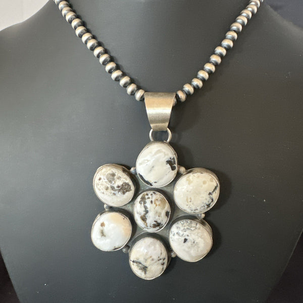 White Buffalo Turquoise Cluster Pendant Navajo Necklace | Sterling Silver | Authentic Native American Handmade | 19270