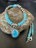 Men's Blue Kingman Turquoise Pendant Navajo Necklace 21" | Sterling Silver | Authentic Native American Handmade | 18382