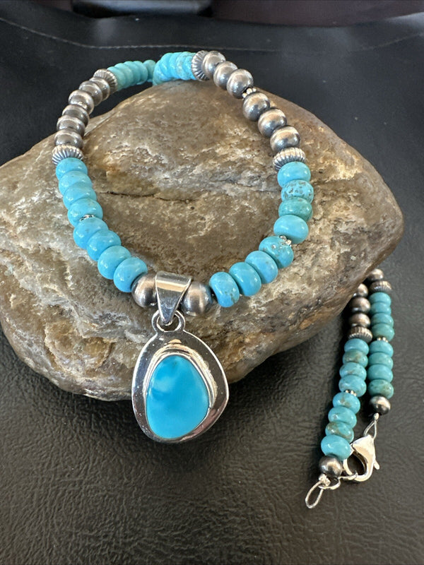 Men's Blue Kingman Turquoise Pendant Navajo Necklace 21" | Sterling Silver | Authentic Native American Handmade | 18382