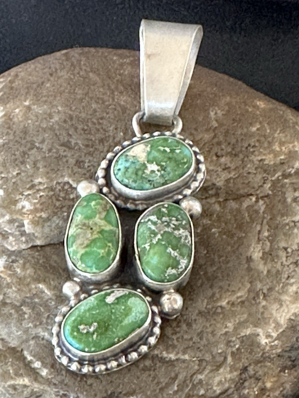 Green Sonoran Gold Turquoise Navajo 925 Cluster Pendant | Sterling Silver | Authentic Native American Handmade | 19400