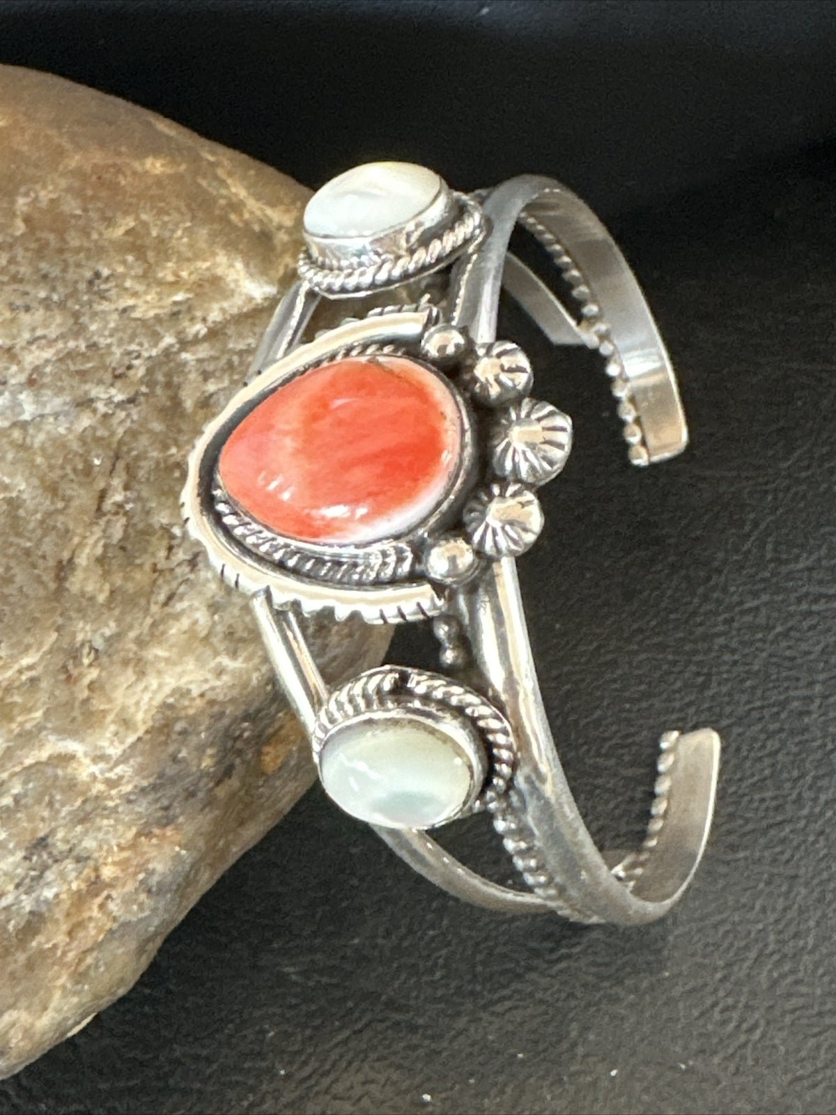 Red Spiny Oyster White MOP Navajo Sterling Silver Cuff Bracelet 17705