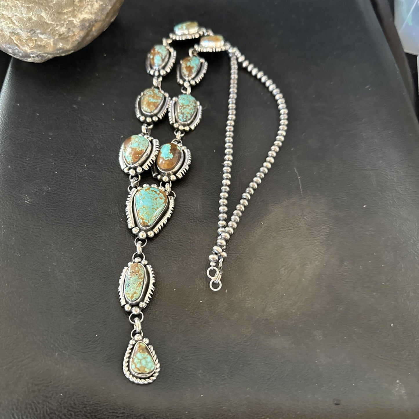Mens Blue Turquoise #8 Navajo Pearls Sterling Silver Lariat Necklace 28" 18819