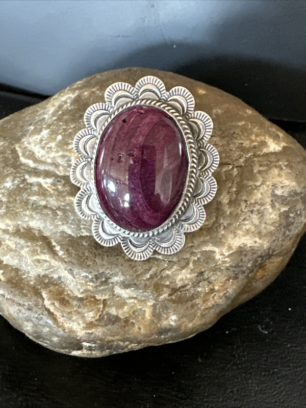 Women's Purple Spiny Oyster Navajo Adjustable Ring Size 7 | Sterling Silver | Authentic Native American Handmade | 19821