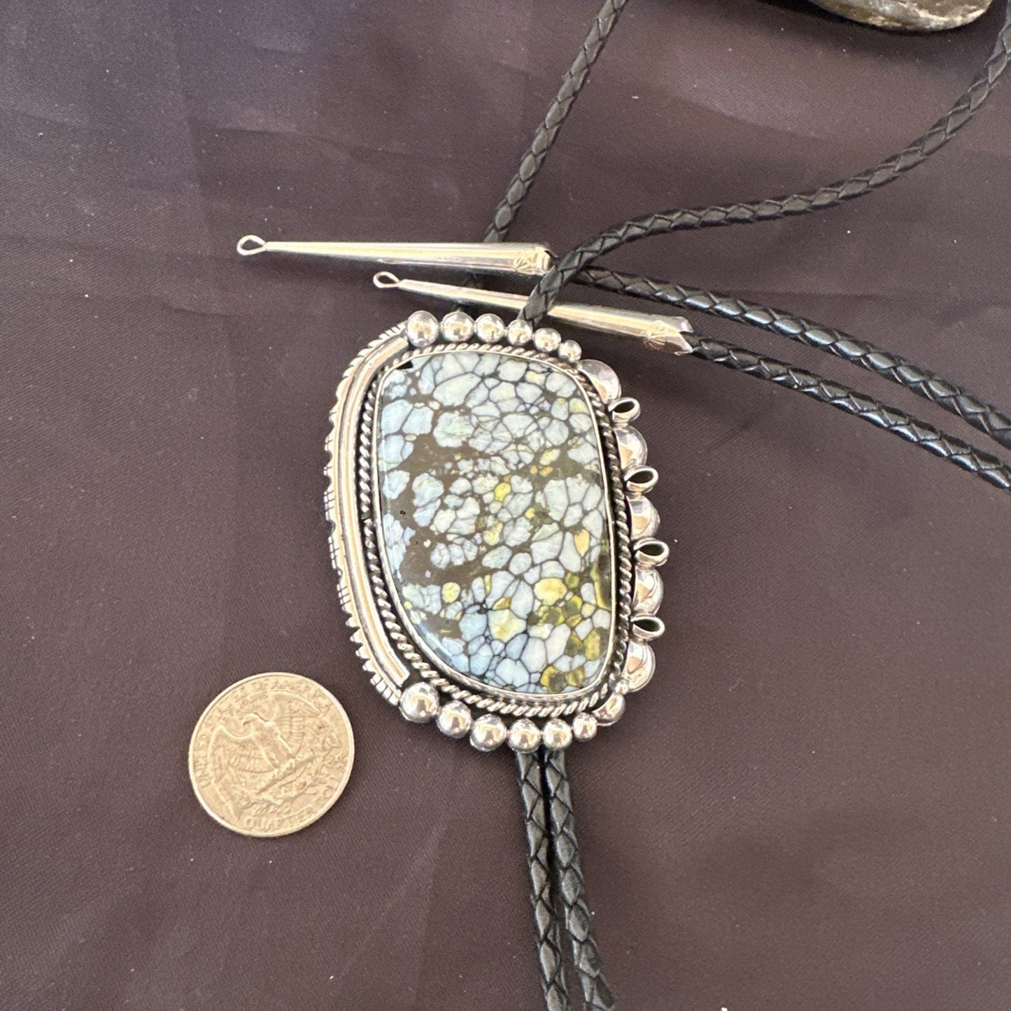Mens BOLO TIE WHITE BUFFALO TURQUOISE Sterling Silver Navajo 2.7”19595
