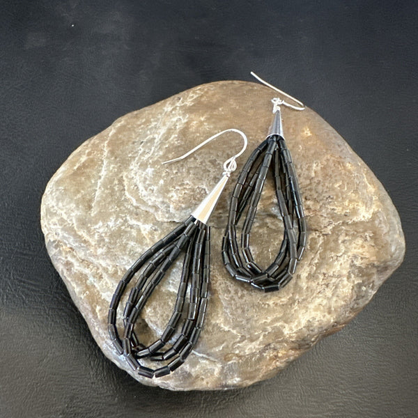Black Onyx Heishi 3S Bead Southwestern Earrings 2" | Sterling Silver | Authentic Native American Handmade | 18197