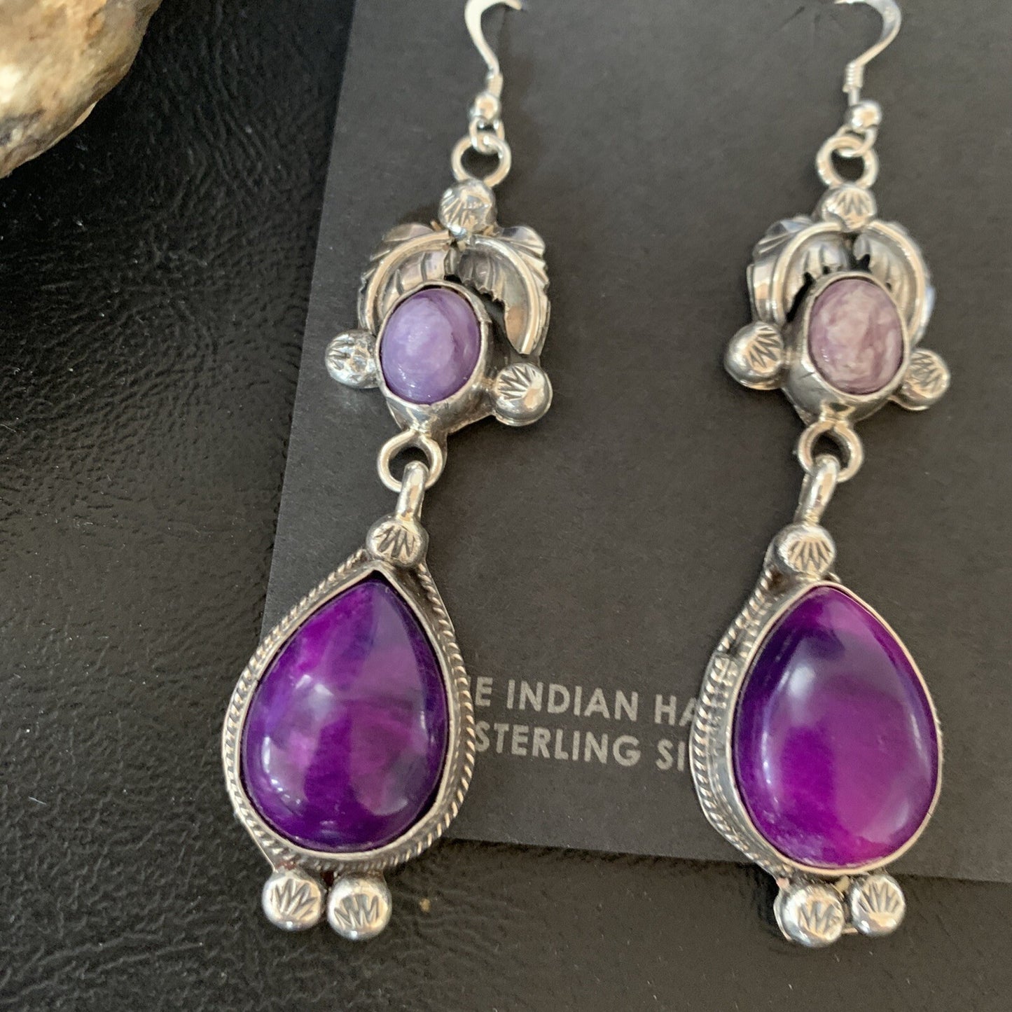 Purple Stone Navajo Sterling Silver Dangle Earrings 2" 12882