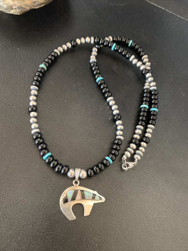 Turquoise Opal Inlay Pendant Black Onyx Navajo Necklace | Sterling Silver | Authentic Native American Handmade | 12698