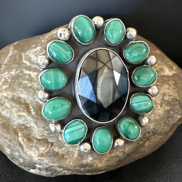 Green Malachite Quartz Navajo Cluster Ring Size 10.5 | Sterling Silver | Authentic Native American Handmade | 18399