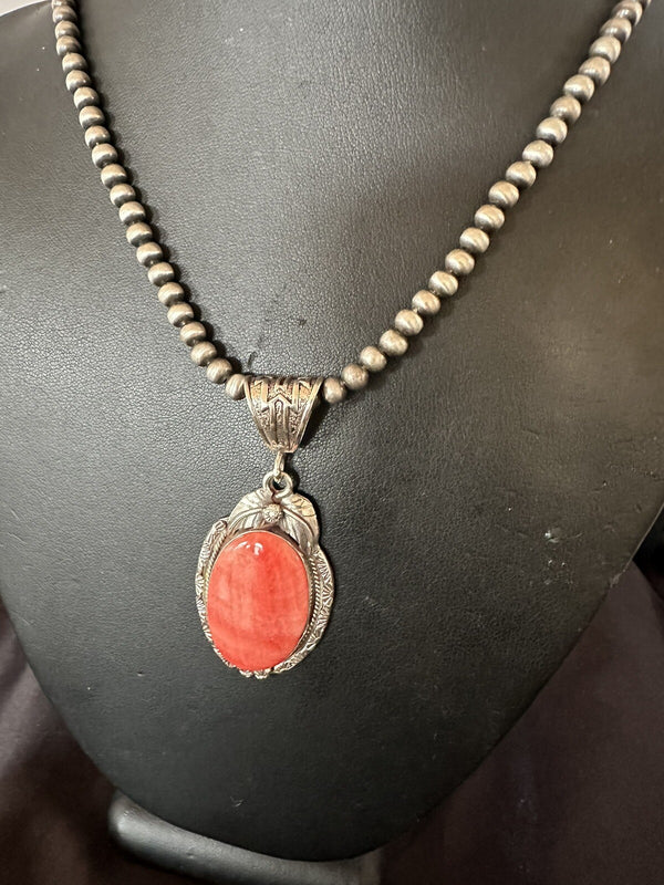 Women's Red Spiny Oyster Pendant Navajo Necklace | Sterling Silver | Authentic Native American Handmade | 18364
