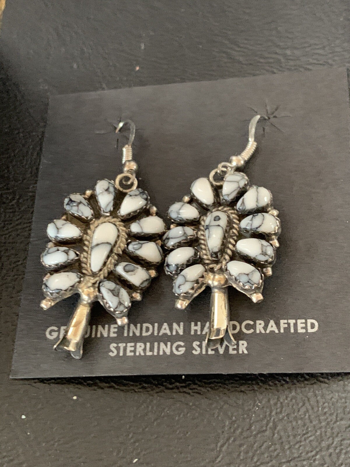 Cluster Navajo White Buffalo Turquoise Sterling Silver Dangle Earrings 12837