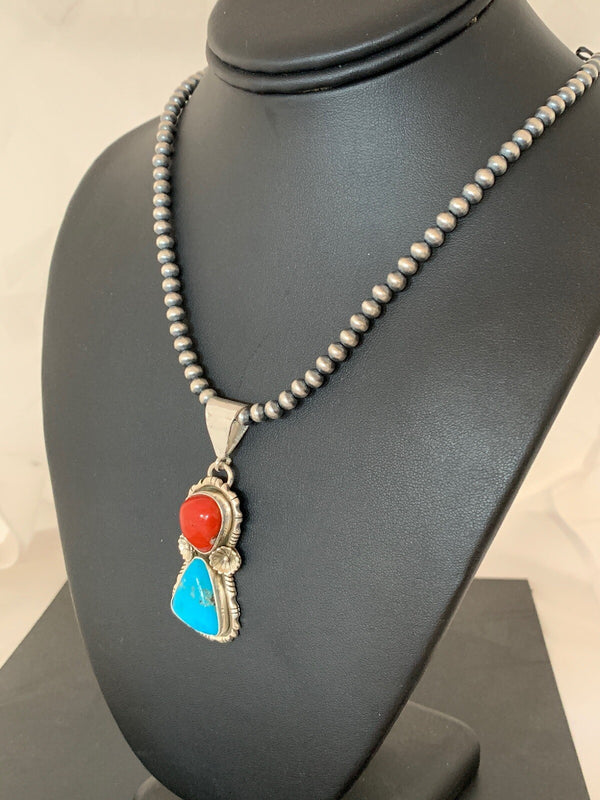 Kingman Turquoise Coral Pendant Navajo Necklace | Sterling Silver | Authentic Native American Handmade | 02534
