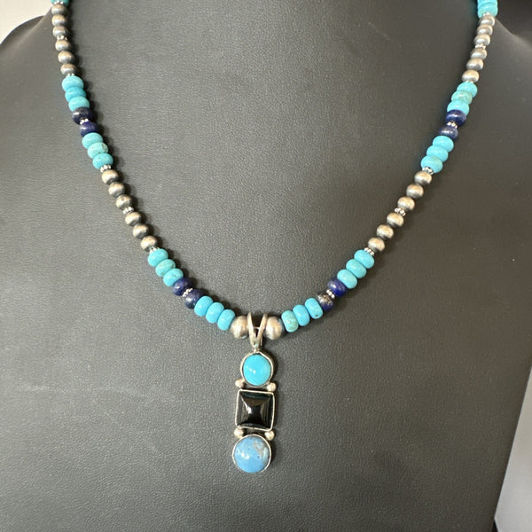 Blue Turquoise Lapis Onyx Pendant Navajo Necklace | Sterling Silver | Authentic Native American Handmade | 19550