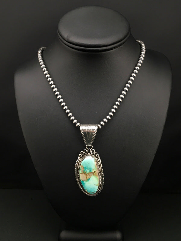 Royston Turquoise Pendant Navajo Pearls Necklace | Sterling Silver | Authentic Native American Handmade | 4820