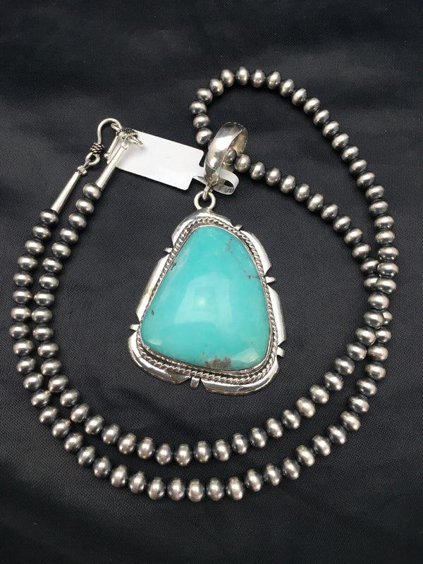 Men's Blue Turquoise Pendant Navajo Pearls Necklace | Sterling Silver | Authentic Native American Handmade | 03915