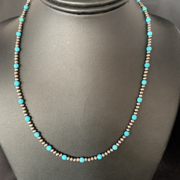 Minimalist Navajo Pearls 3mm Blue Turquoise Necklace 16" | Sterling Silver | Authentic Native American Handmade | 13591