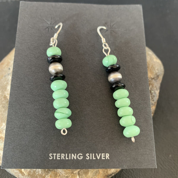 Green Malachite Black Onyx Navajo Beads Earrings | Sterling Silver | Authentic Native American Handmade | 04486