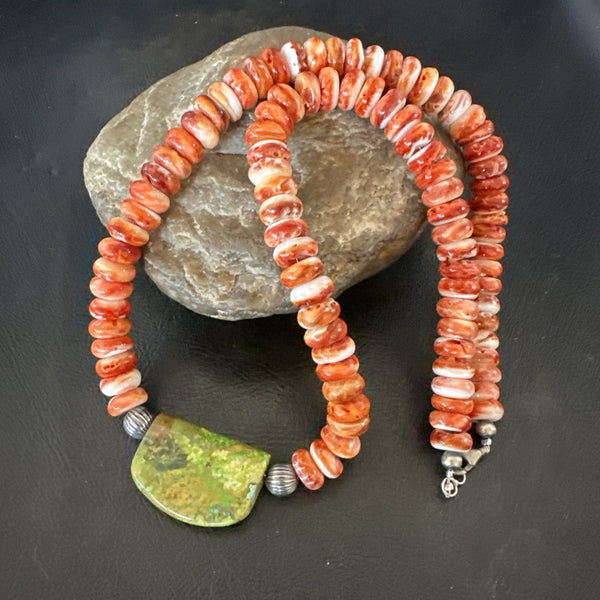 Orange Spiny Green Turquoise Navajo Pendant Necklace 20" | Sterling Silver | Authentic Native American Handmade | 19636