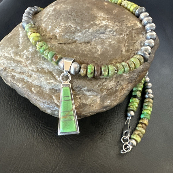 Women's Green Gaspeite Turquoise Pendant Navajo Necklace | Sterling Silver | Authentic Native American Handmade | 18371
