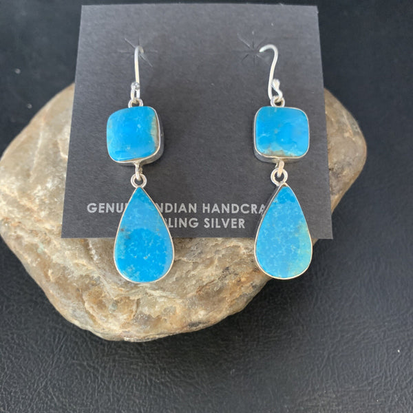 Kingman Turquoise Handmade Navajo Dangle Earrings 1.5" | Sterling Silver | Authentic Native American Handmade | 14012
