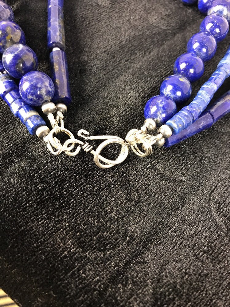 Denim Lapis 3 Strands Navajo Sterling Silver Necklace 22" 03666