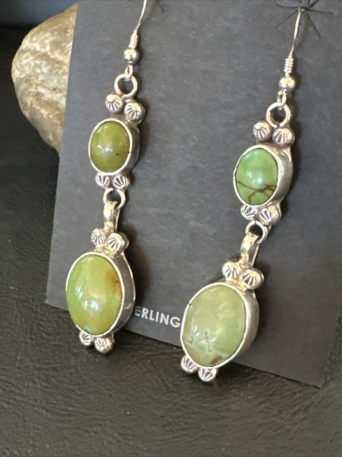 Native Navajo Green Turquoise Sterling Silver Dangle Earrings 2” 17698