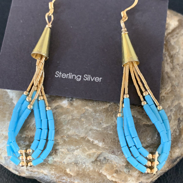 Blue Turquoise Liquid Gold Filled Tubes Dangle Heishi Earrings 2" | Authentic Native American Handmade | 13030